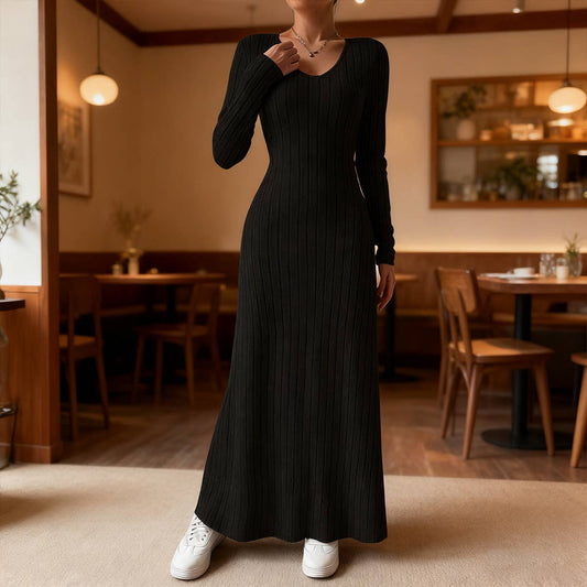 Knitted solid-color long-sleeved A-line dress