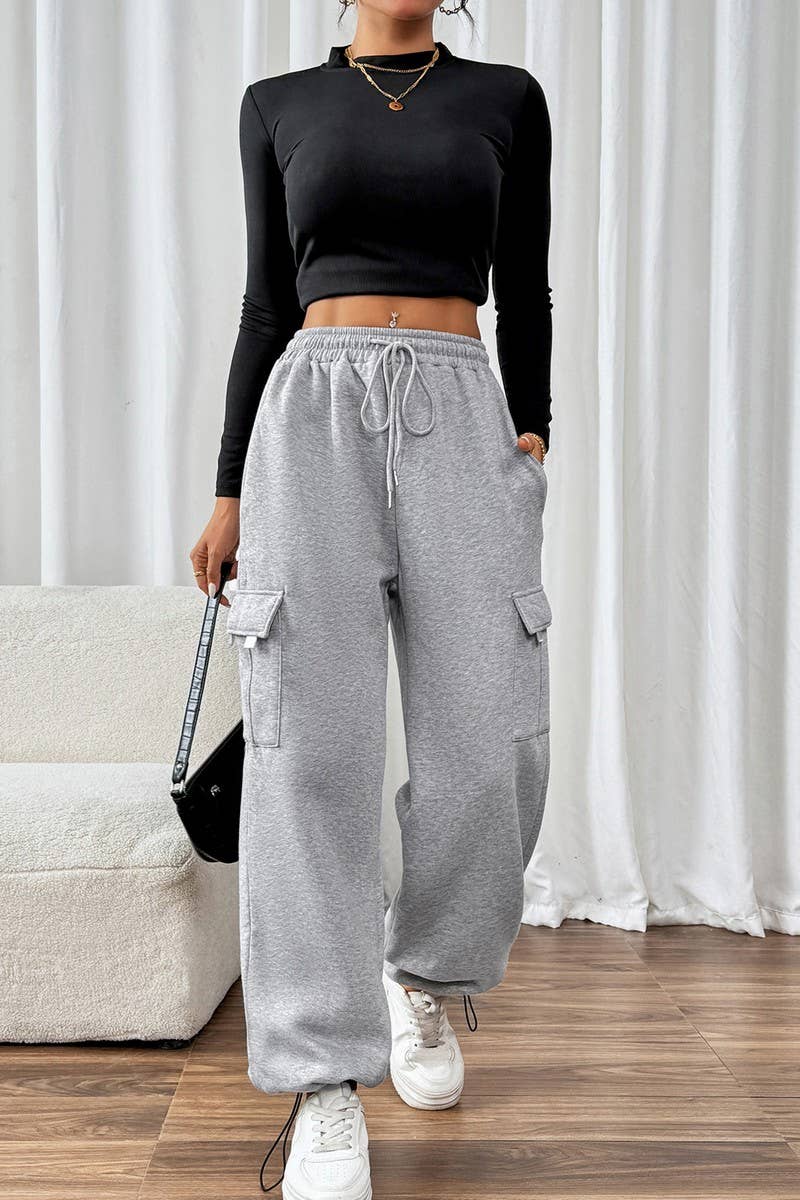 CWBLP1069_CASUAL HIGH WAIST PATCHWORK POCKET SWEATPANTS
