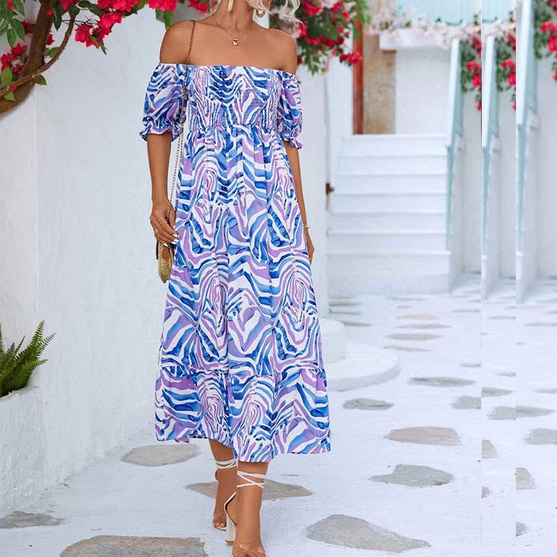 Print dress with line neck top and high waist