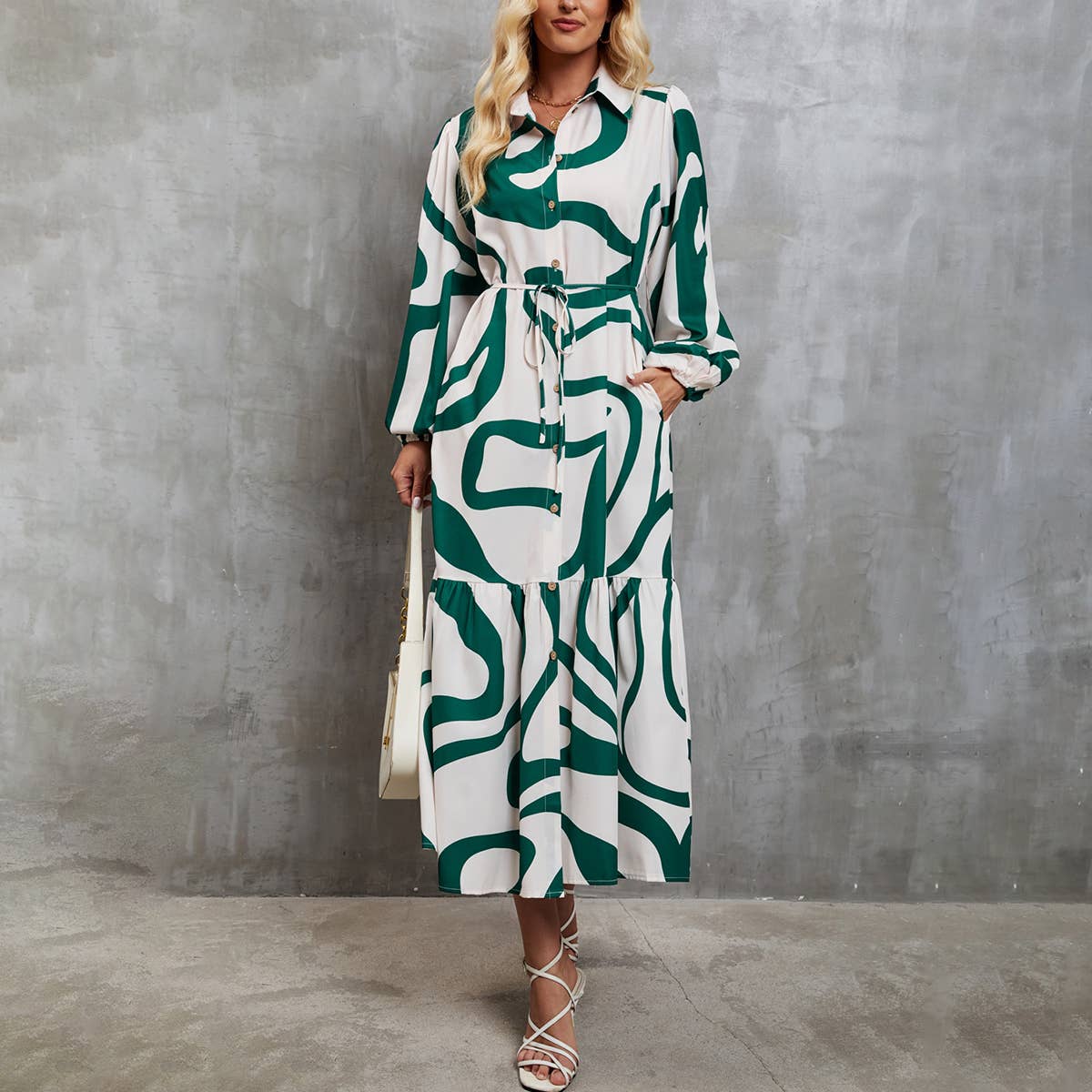 LACE-UP SHIRT DRESS WITH FASHION PRINT TEMPERAMENT