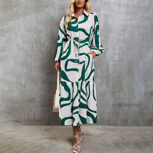 LACE-UP SHIRT DRESS WITH FASHION PRINT TEMPERAMENT