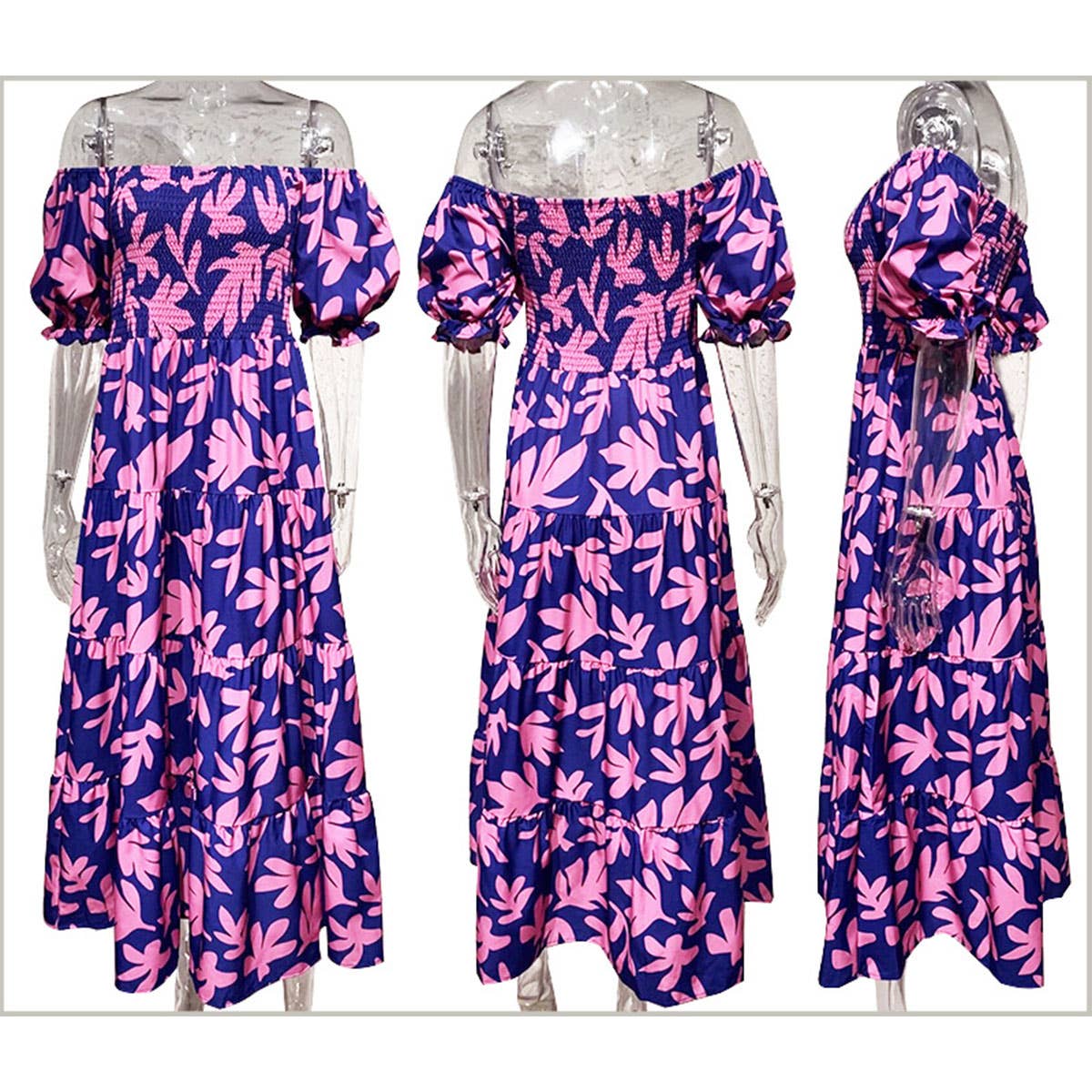 Print puffed sleeve long A-line dress