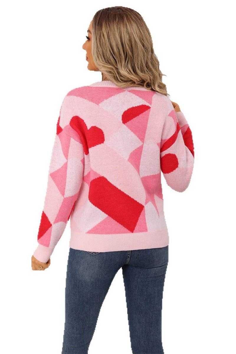 CWOSWL07576_CREW NECK CHECKERBOARD VALENTINE'S DAY SWEATER