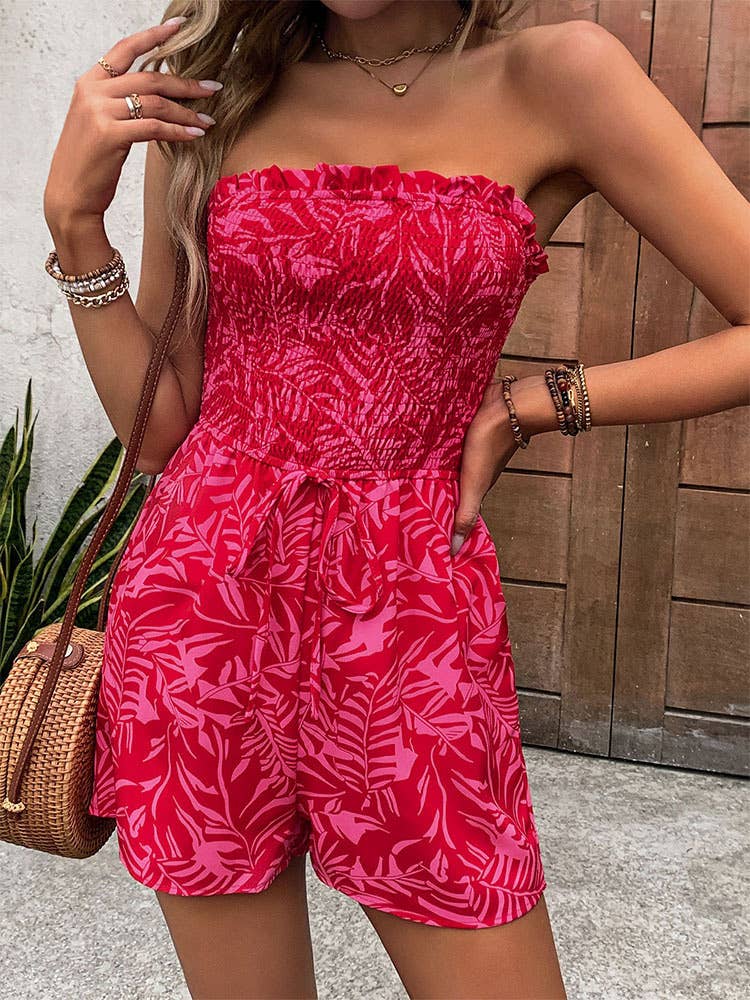 ONE-LINE SHOULDER ELASTIC PRINT TOP UP JUMPSUIT
