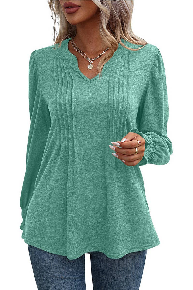 CWOSWL07637_SOLID V NECK PUFF SLEEVE RUCHED LONG SLEEVE TOP