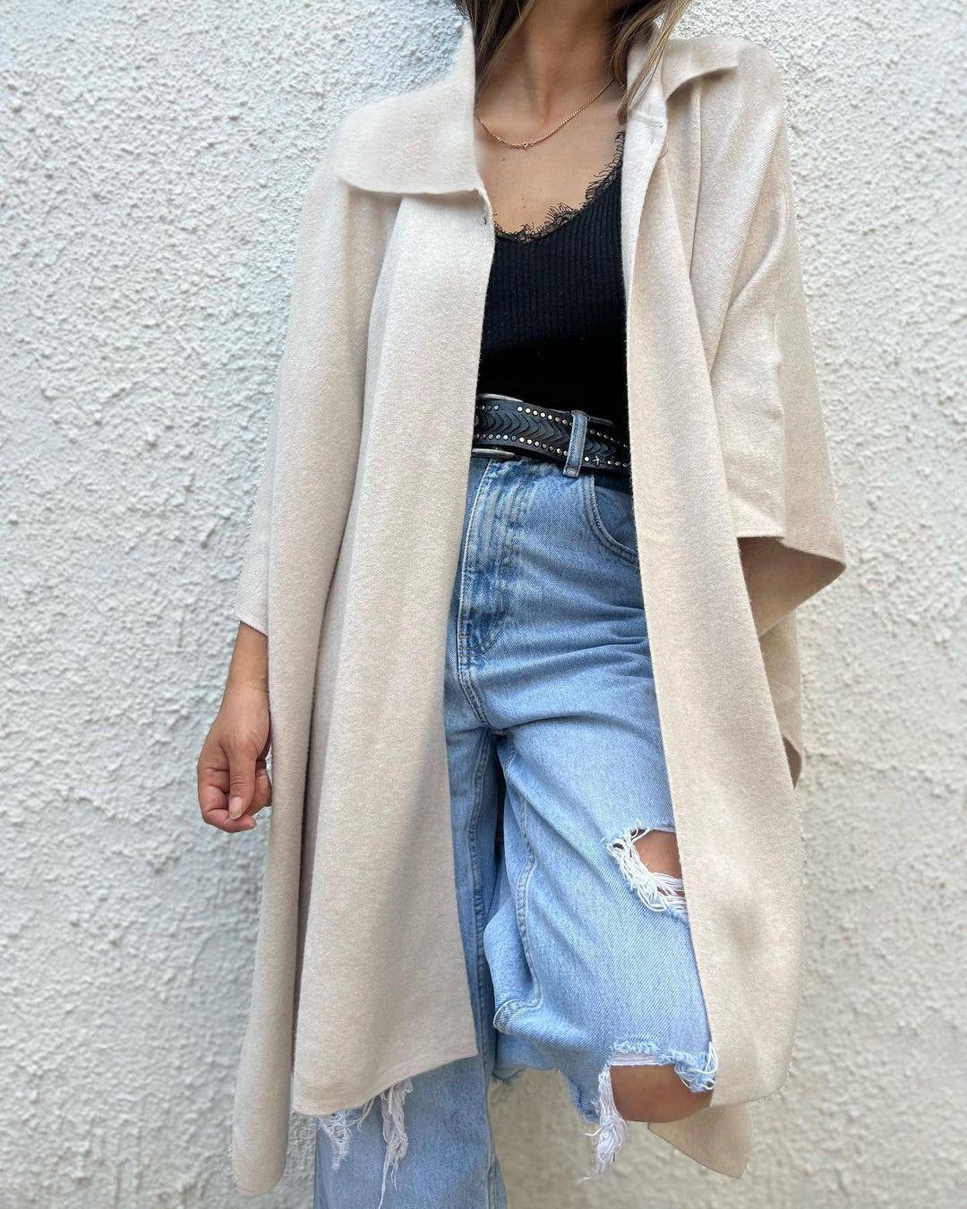 SOLID COLOR CASUAL LOOSE ONE BUTTON TRENCH COAT