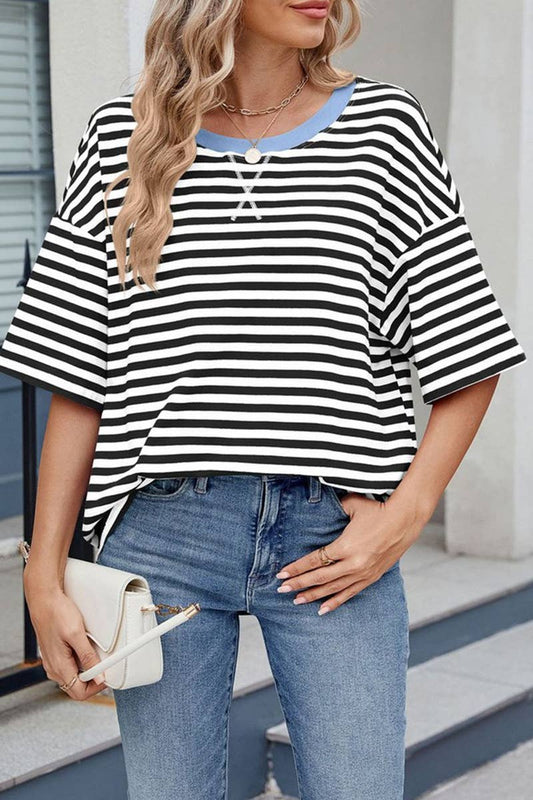 Cwtts1324_Spring And Summer Striped Contrast Loose T-Shirt