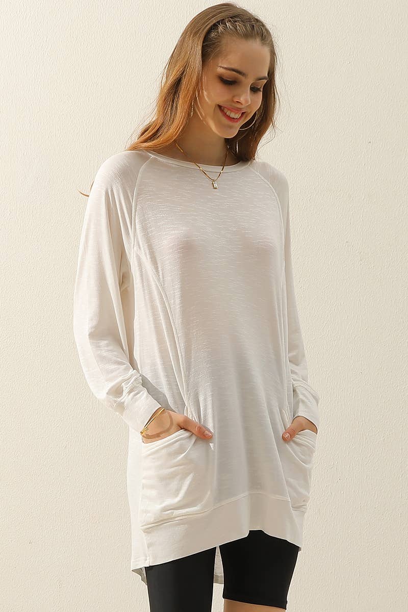 Cwttl1491_R Neck Long Sleeve Slub Long Knit Top With Pockets