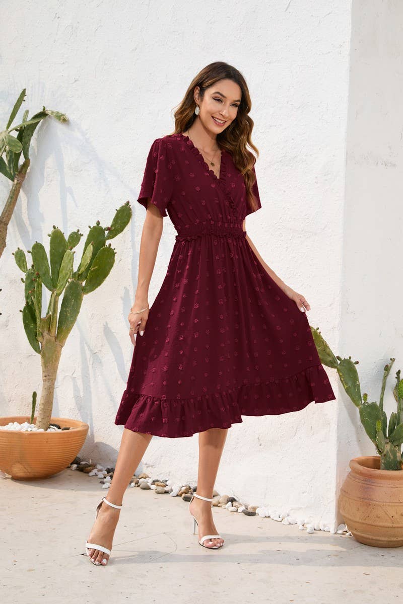 CWDMD2141_V-NECK HIGH-WAISTED LACE-UP DRESS