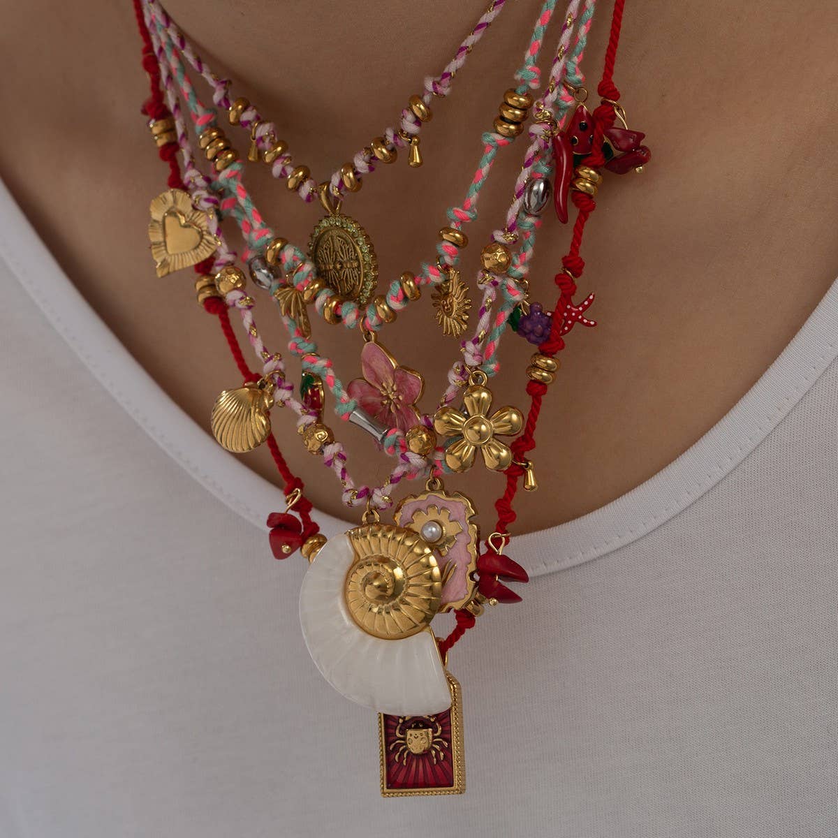 Handmade Cotton Rope Necklace with Shell Charms