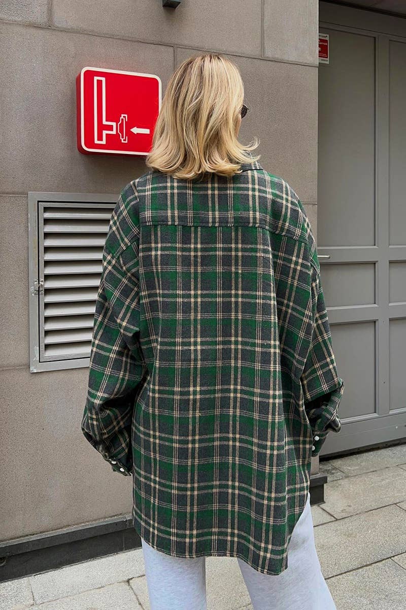 Cwtstl2319_Vintage Plaid Pocket Long Sleeve Shirt Top