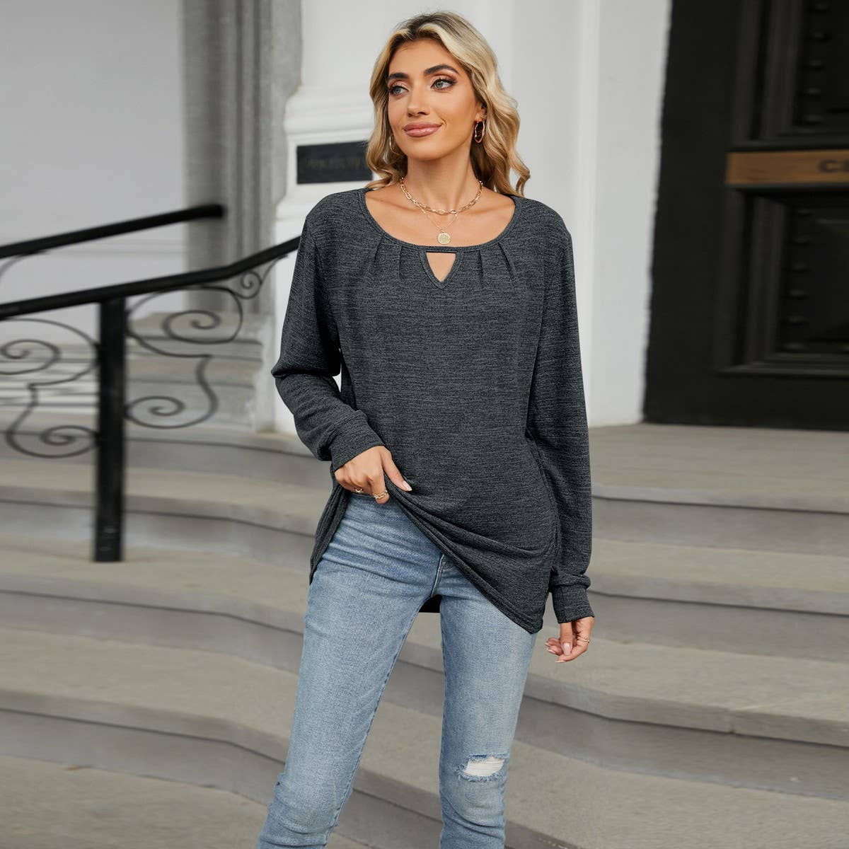 Ruffled fur hollow loose long-sleeved T-shirt