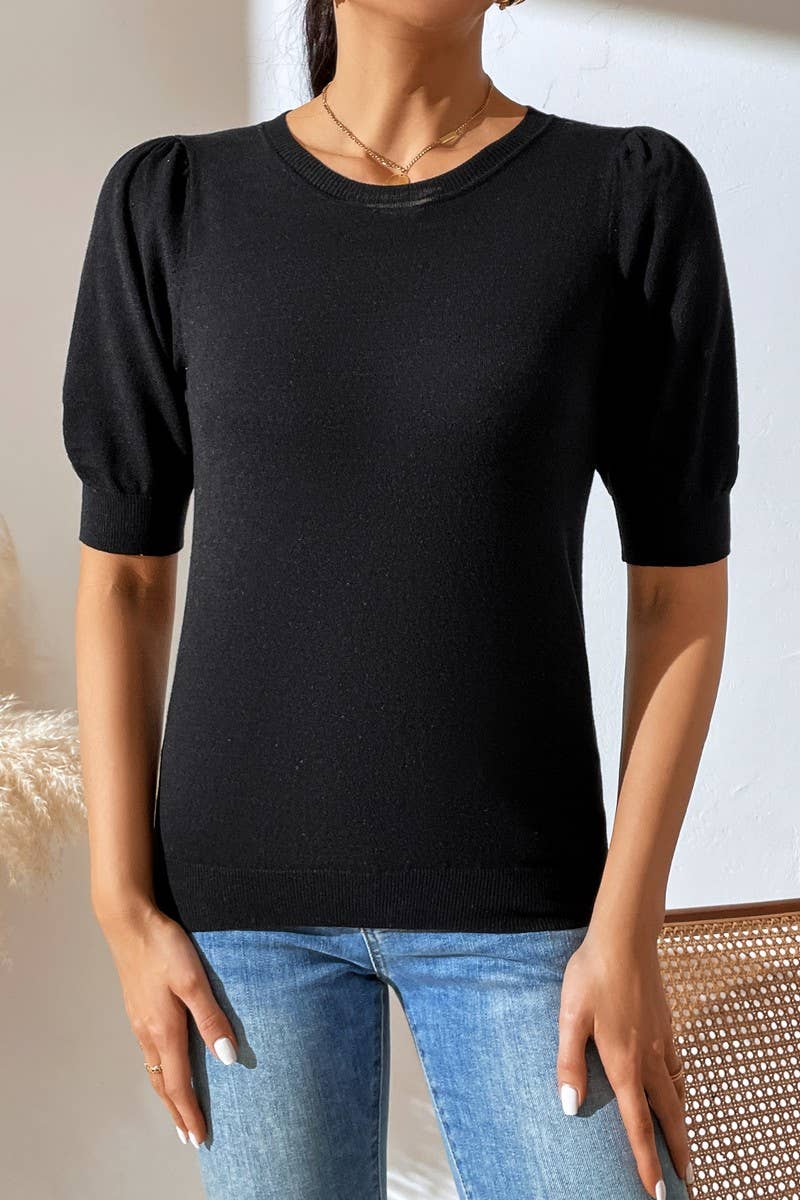 Cwtts0731_Crew Neck Puff Short Slv Soft Pullover Sweater