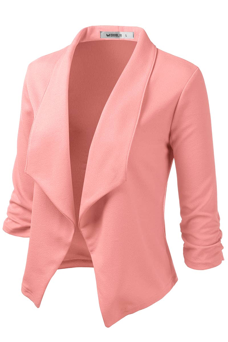 CWOBL091_Casual Work Ruched 3/4 Slv Open Front Blazer Jacket