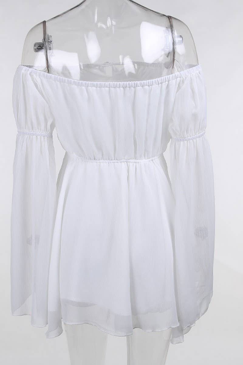 CWDSD6716_OFF-THE-SHOULDER TIE WAIST FLARED SLEEVE DRESS