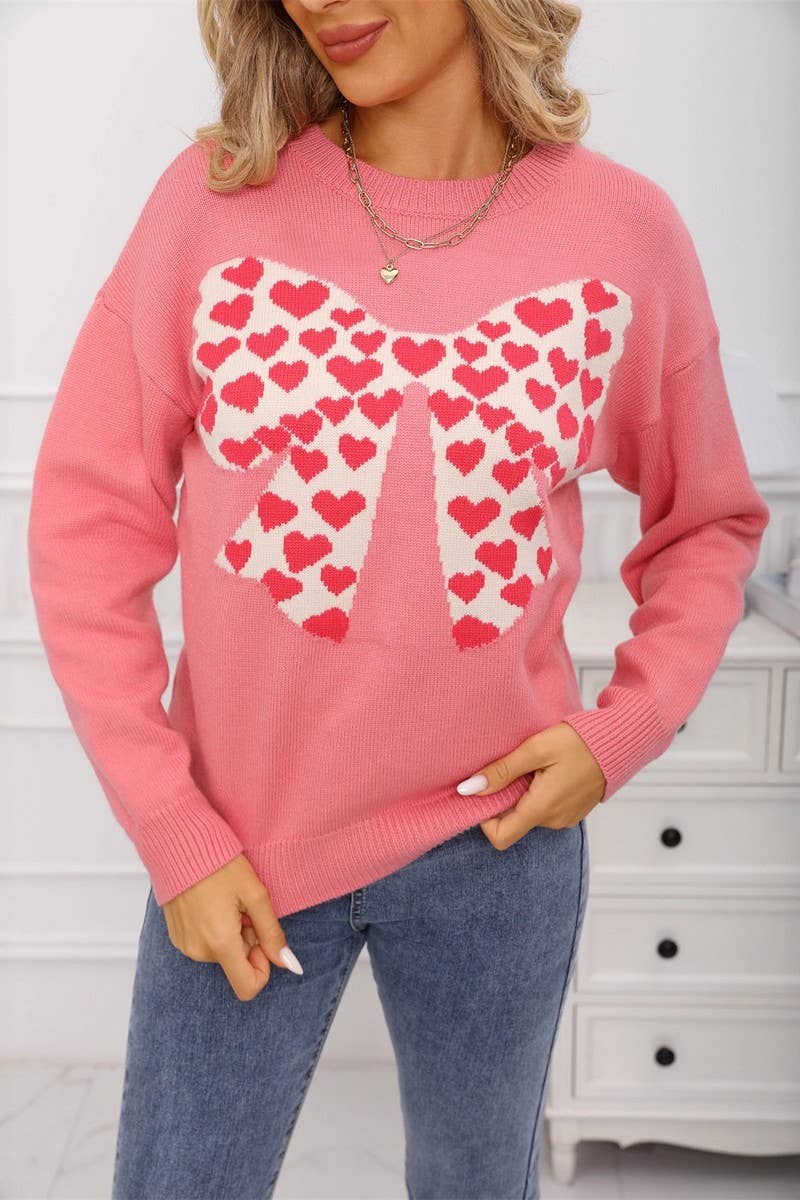 CWOSWL07580_BOWKNOT HEART VALENTINE'S DAY SWEATER
