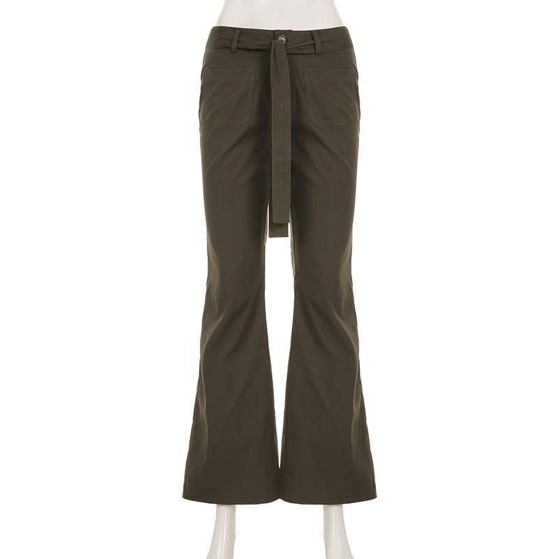 STREET STYLE SOLID COLOR BELT LACE-UP BASIC PANTS