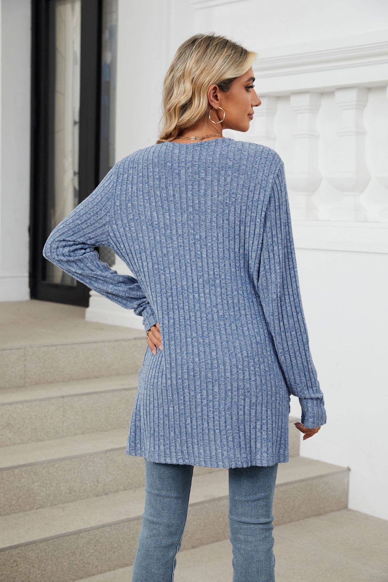 Solid-color casual pocket long-sleeved cardigan