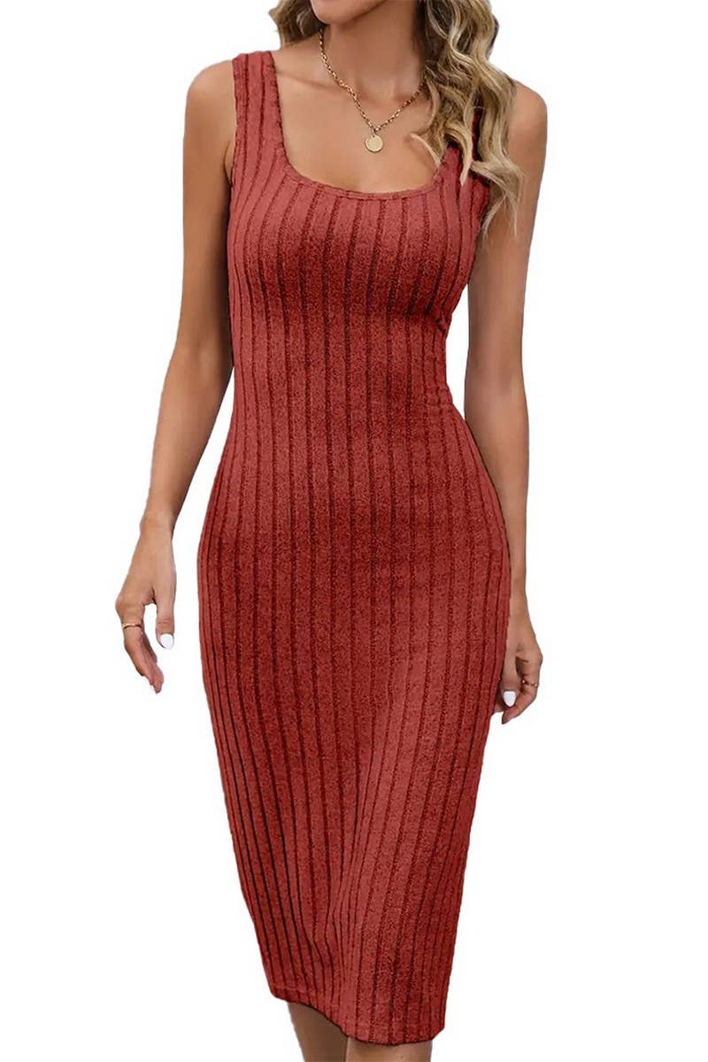 CWDSD6485_SOLID COLOR RIBBED SIDE SLIT SLIM DRESS
