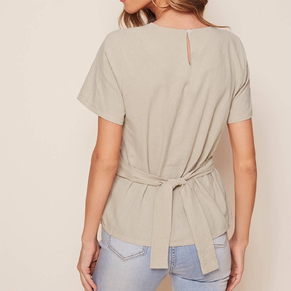 Round neck short-sleeved T-shirt belted tunic top