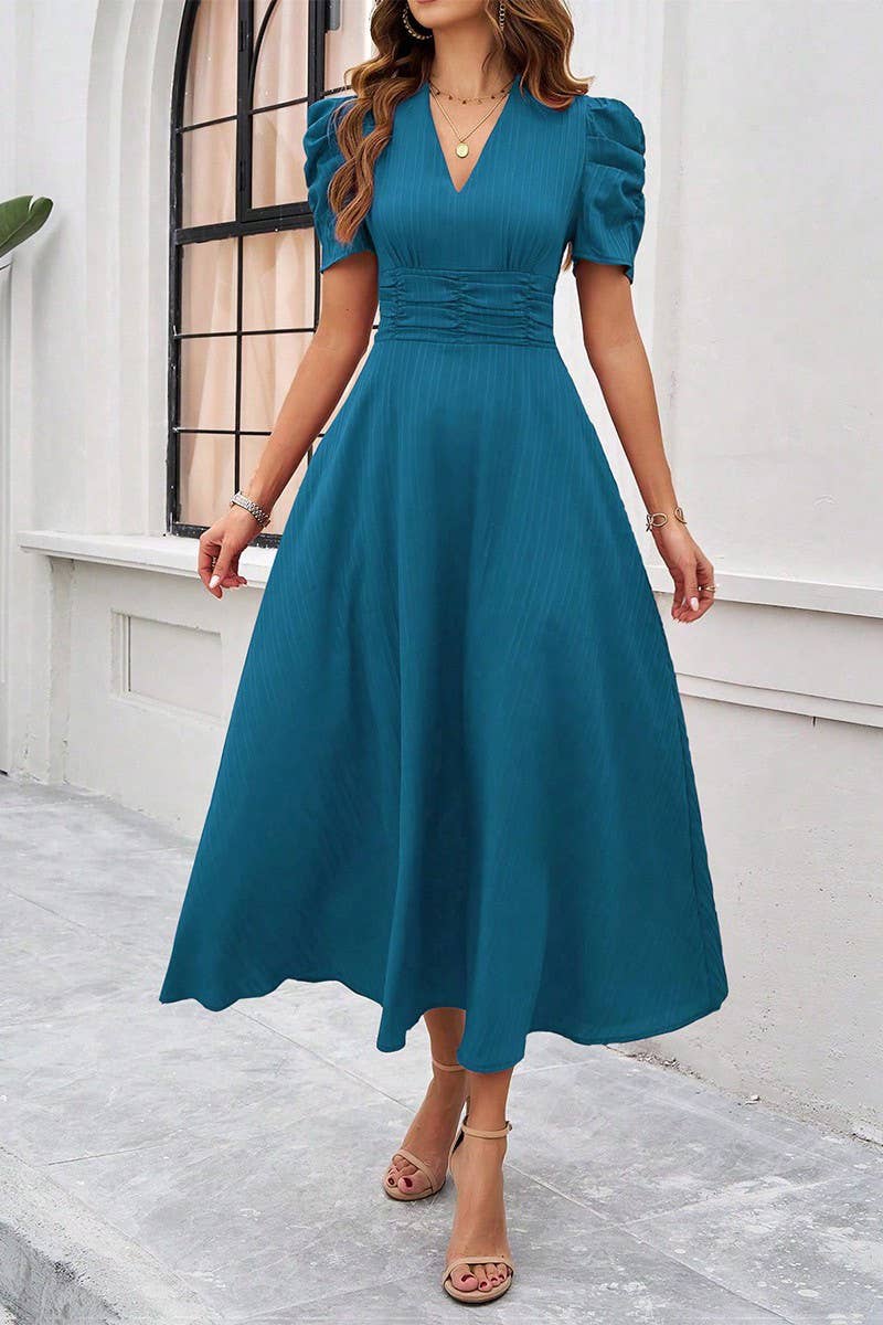 CWDMD6446_TEMPERAMENT HIGH WAIST SOLID COLOR WAIST DRESS