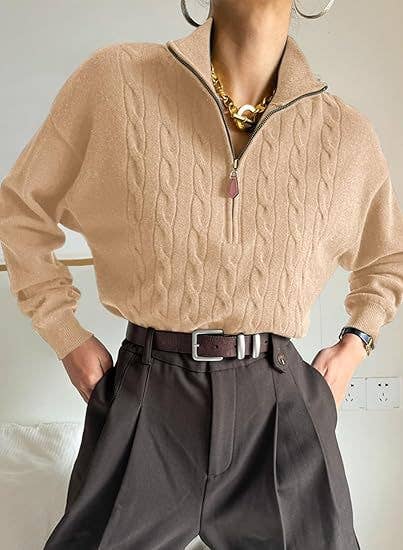 Semi-high neck zipper ribbed twist knit sweater