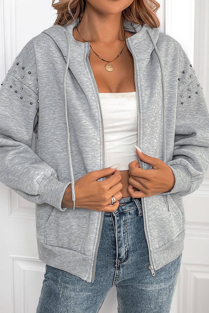 CWOCO1165_SOLID COLOR RIVET CASUAL FASHION SWEATSHIRT JACKET