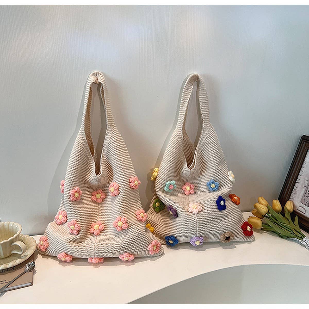 CUTE WOOL FLOWER CROCHET TOTE BAG_CWAB2409