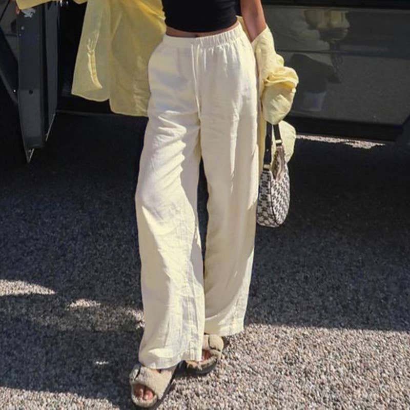 Simple style solid-color drawstring woven pants