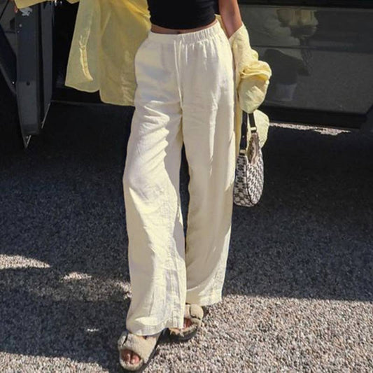 Simple style solid-color drawstring woven pants