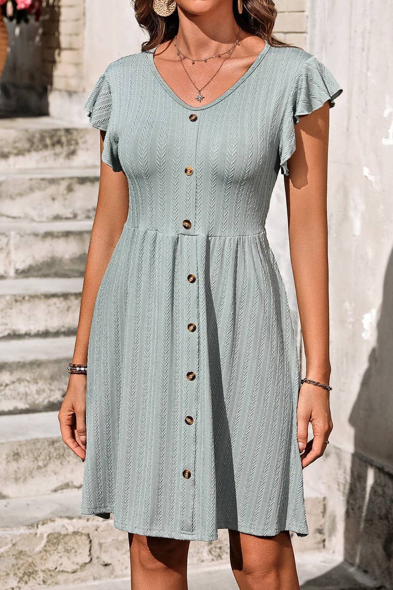 CWDSD6686_V-NECK BUTTON WAIST ELASTIC SHORT SLEEVE DRESS