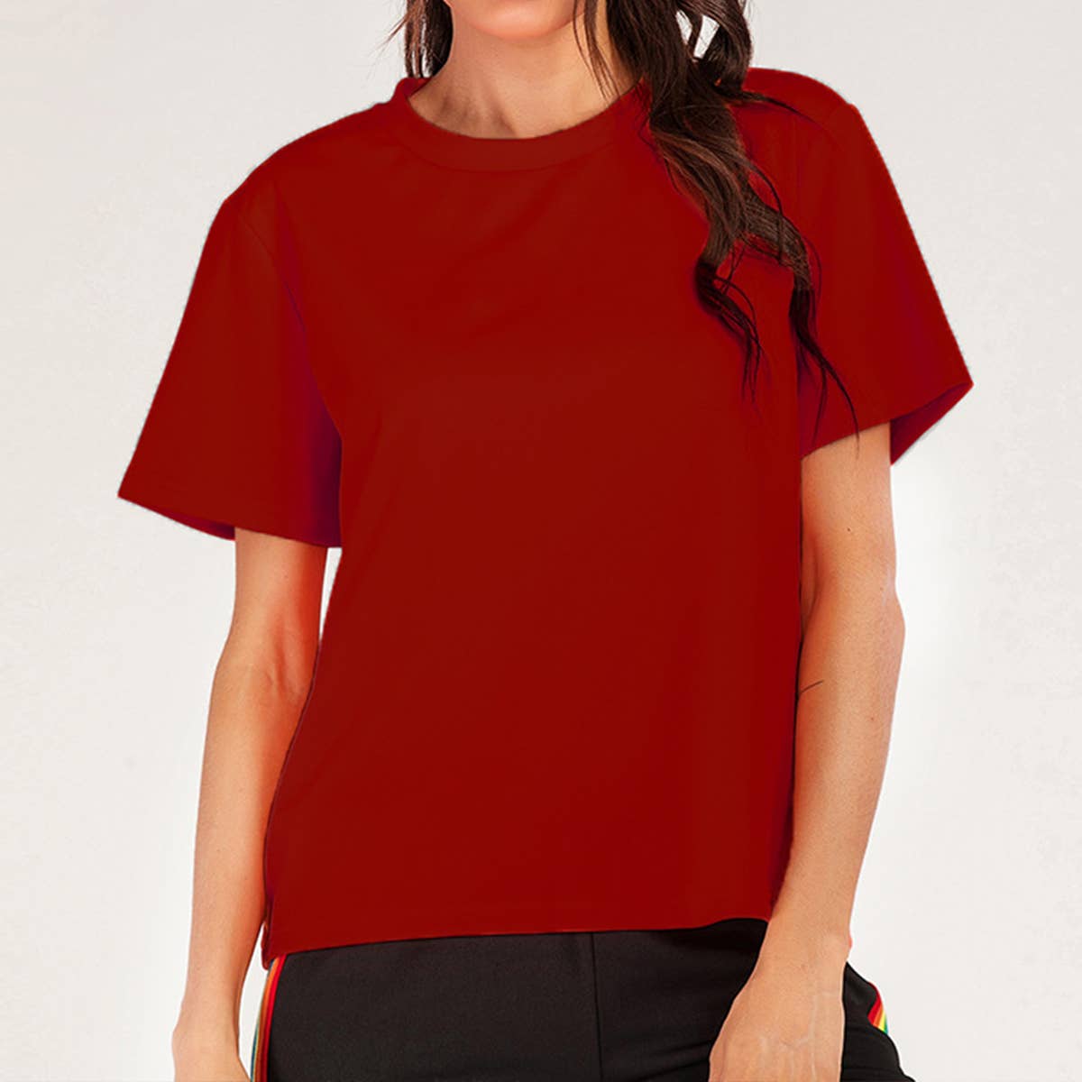 Solid-color casual round-neck short-sleeved Top