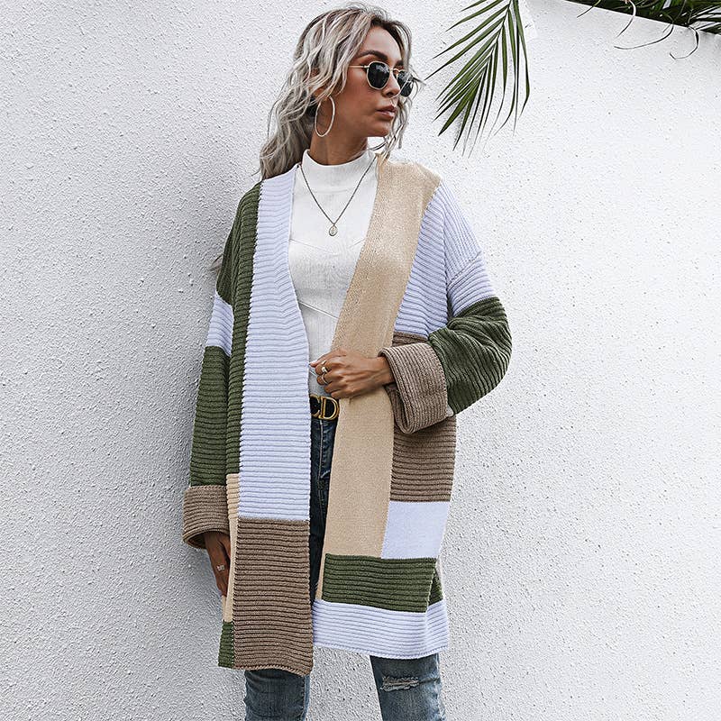 SPLICED CONTRASTING COLOR V-NECK NO BUTTON LONG CARDIGAN