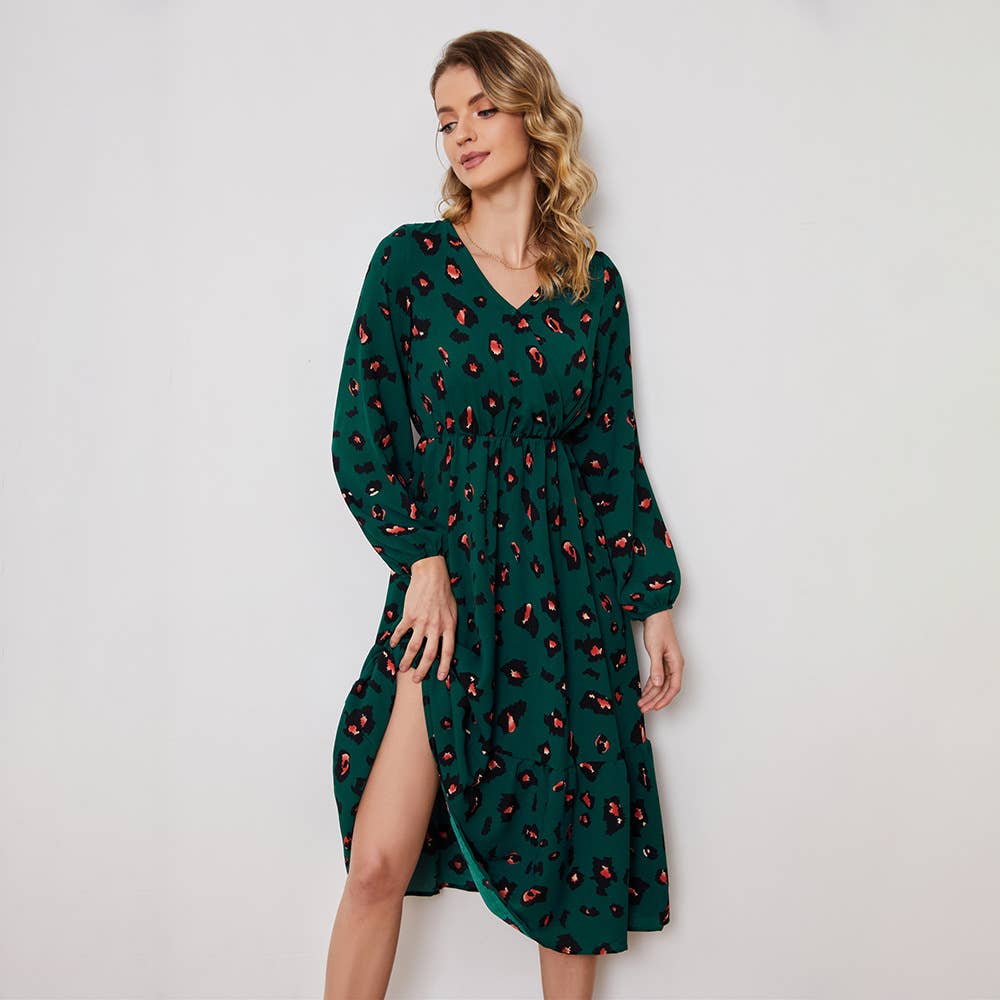 HOLIDAY STYLE V-NECK PRINT LONG-SLEEVED DRESS