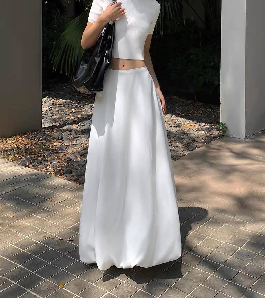 Elegant satin solid color tulip midi skirt