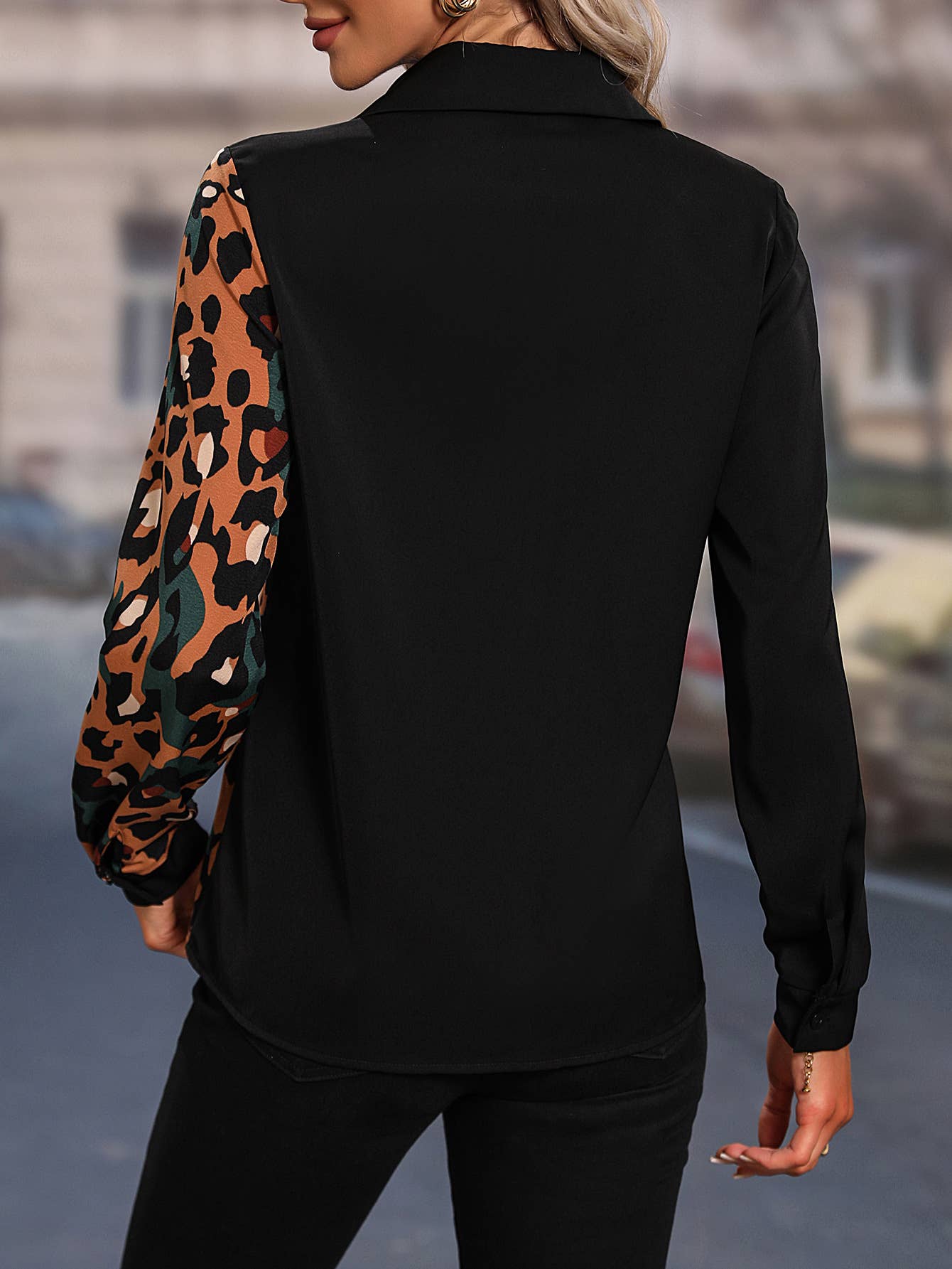 Leopard print long sleeve shirt in patchwork color