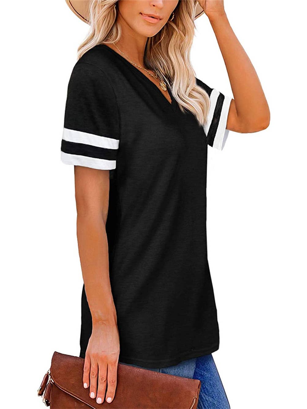 V-NECK SHORT SLEEVE COLOR MATCHING LOOSE TOP