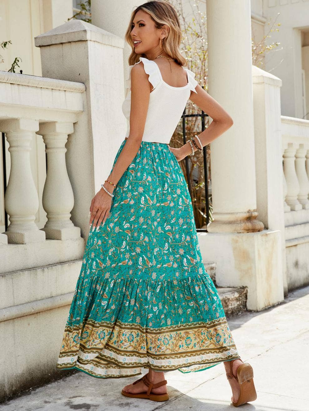 High-waisted printed breasted split skirt