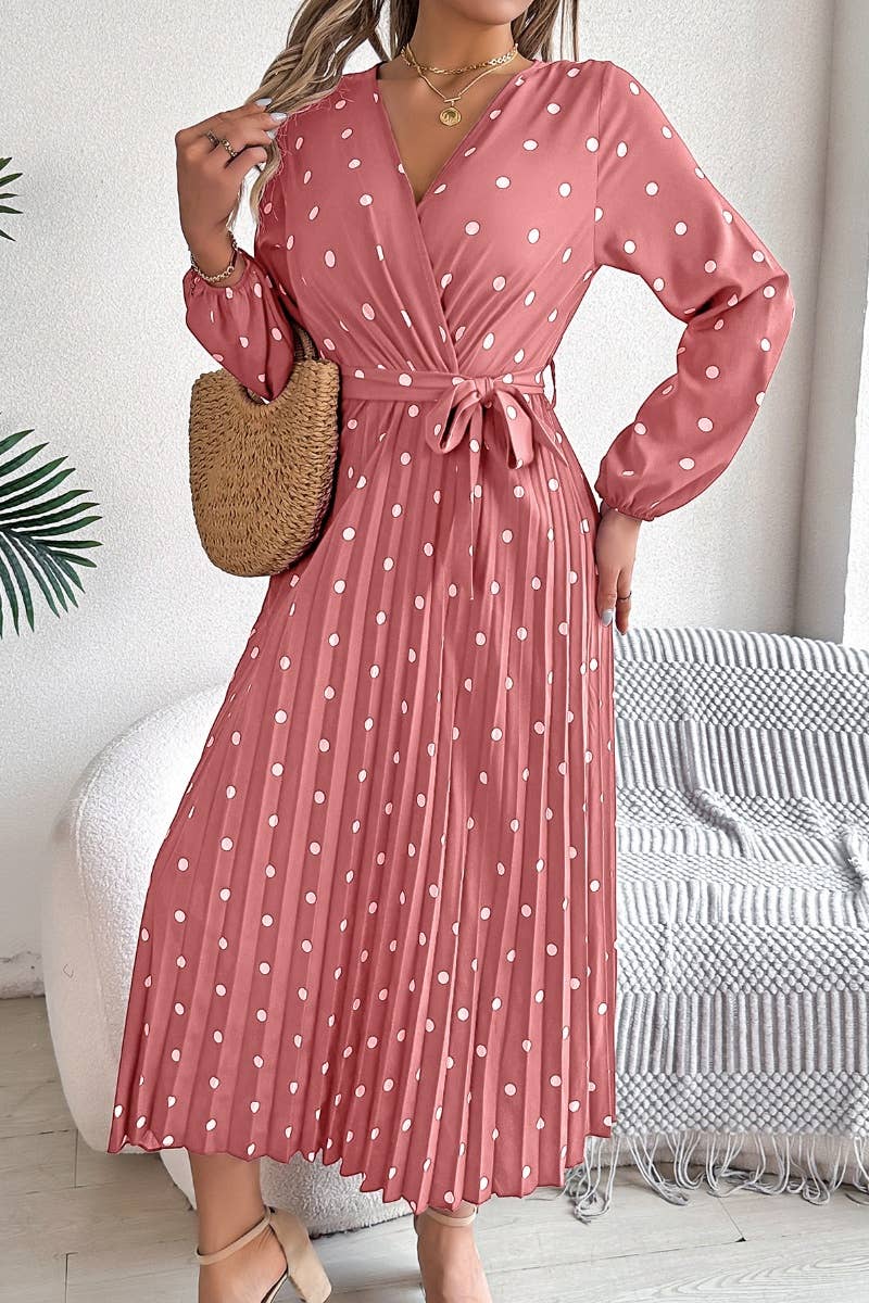 CWDMD3946_FALL V-NECK POLKA-DOT PLEATED LACE-UP DRESS