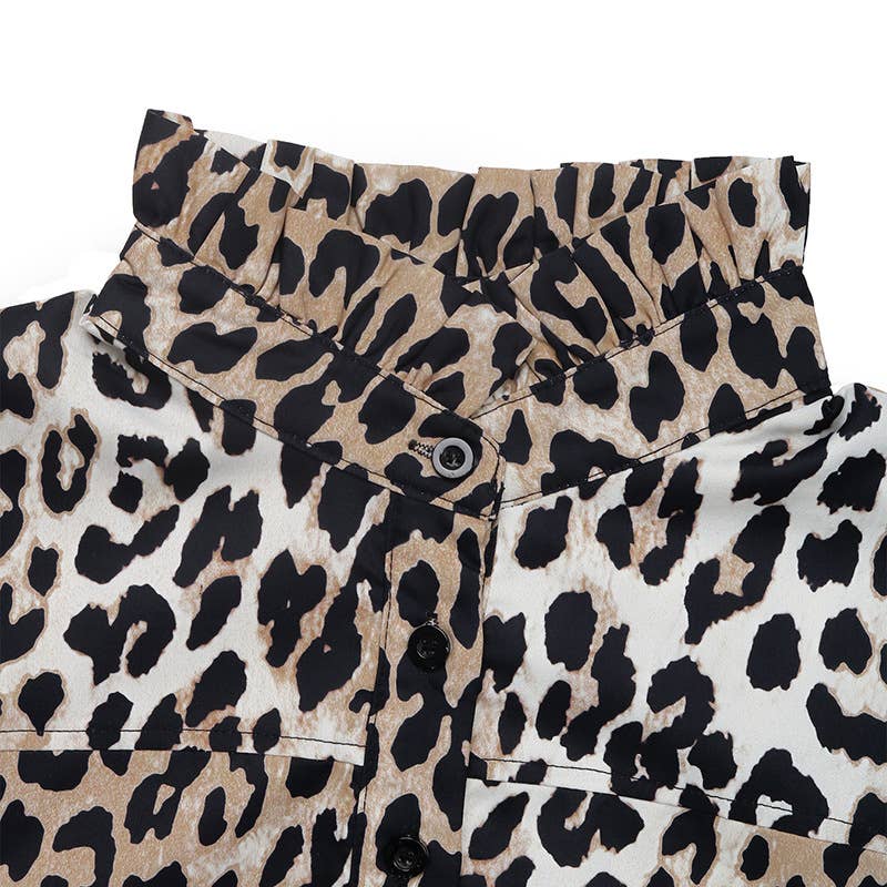 Retro leopard print stand-up collar A-line dress