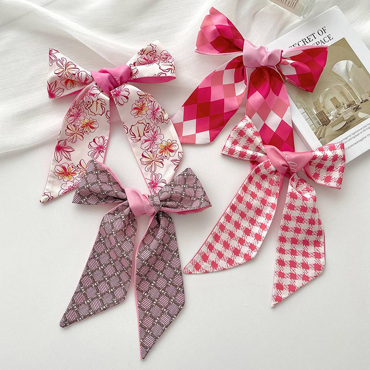 Pink Floral Skinny Scarf ??Hair Tie & Bag Ribbon_CWASC0708