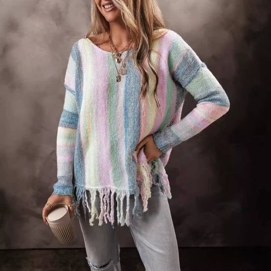 Stylish lady with fringe patchwork sweater