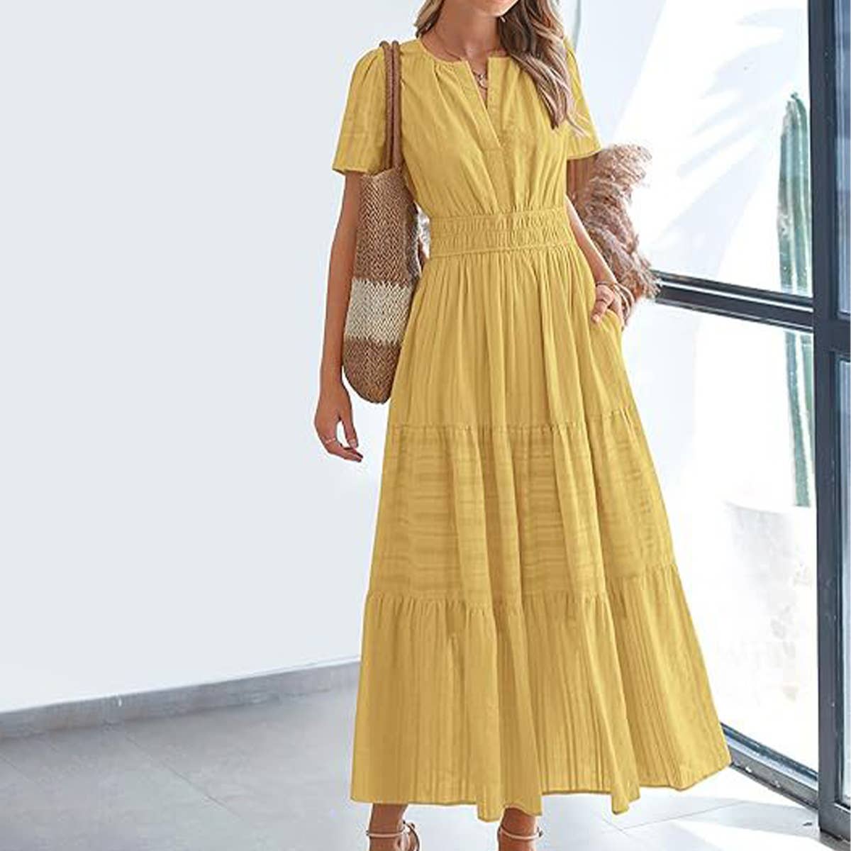 V-neck pleated puffy sleeve short sleeved dress