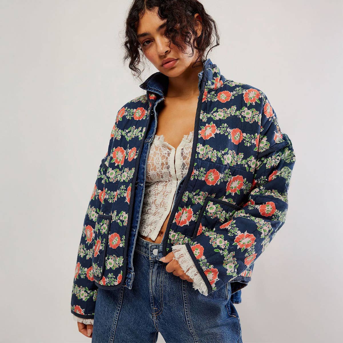 COLOUR-BLOCK FLORAL PRINT QUILTED JACKETS