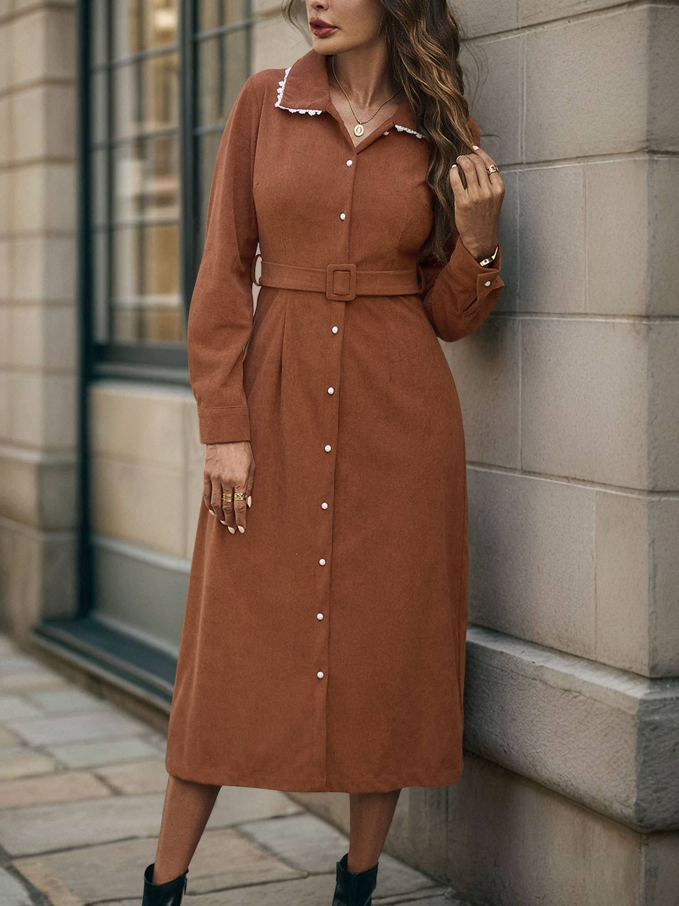 Lapel and lace corduroy shirt dress