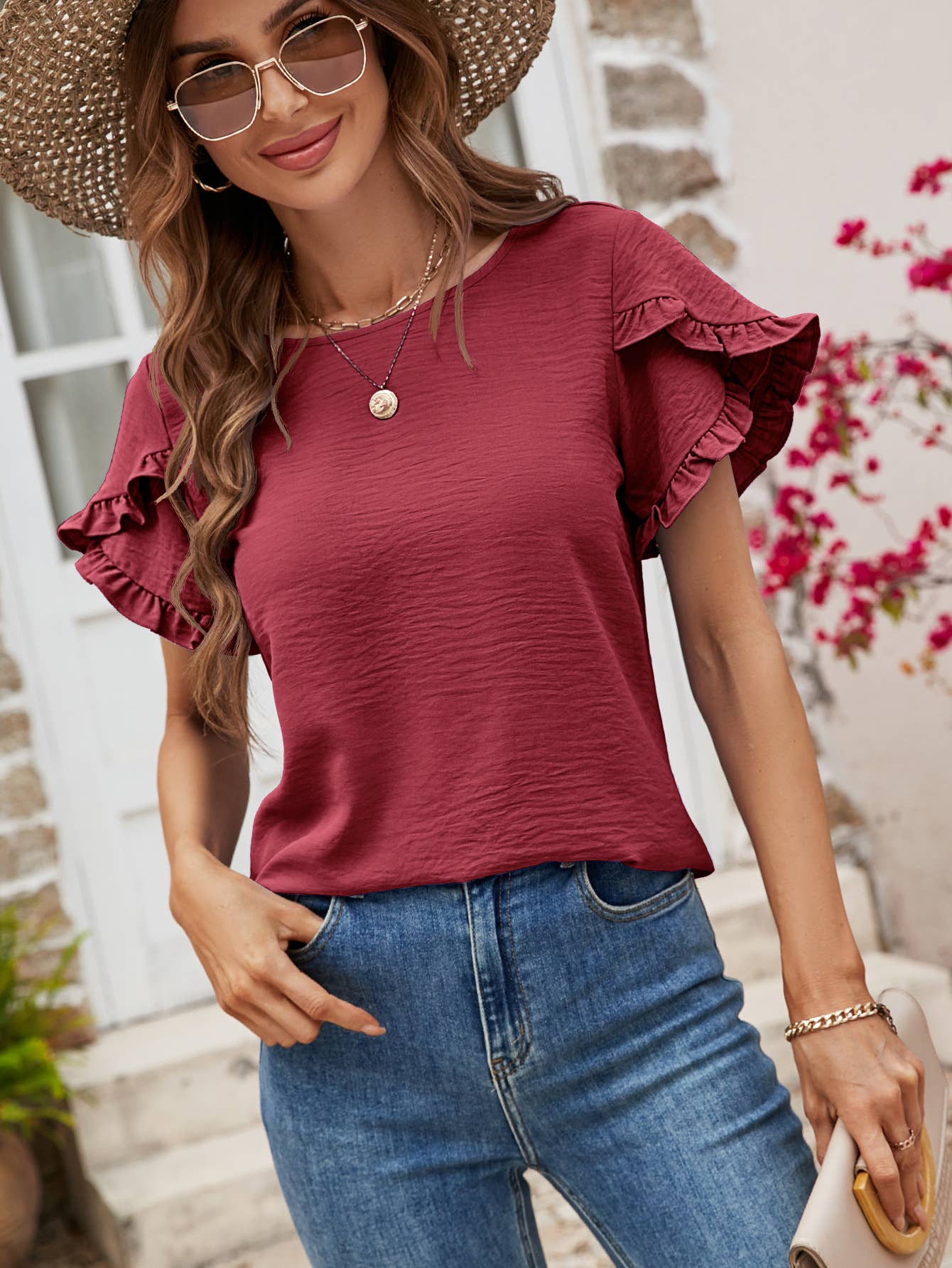 Solid color round neck lace casual T-shirt