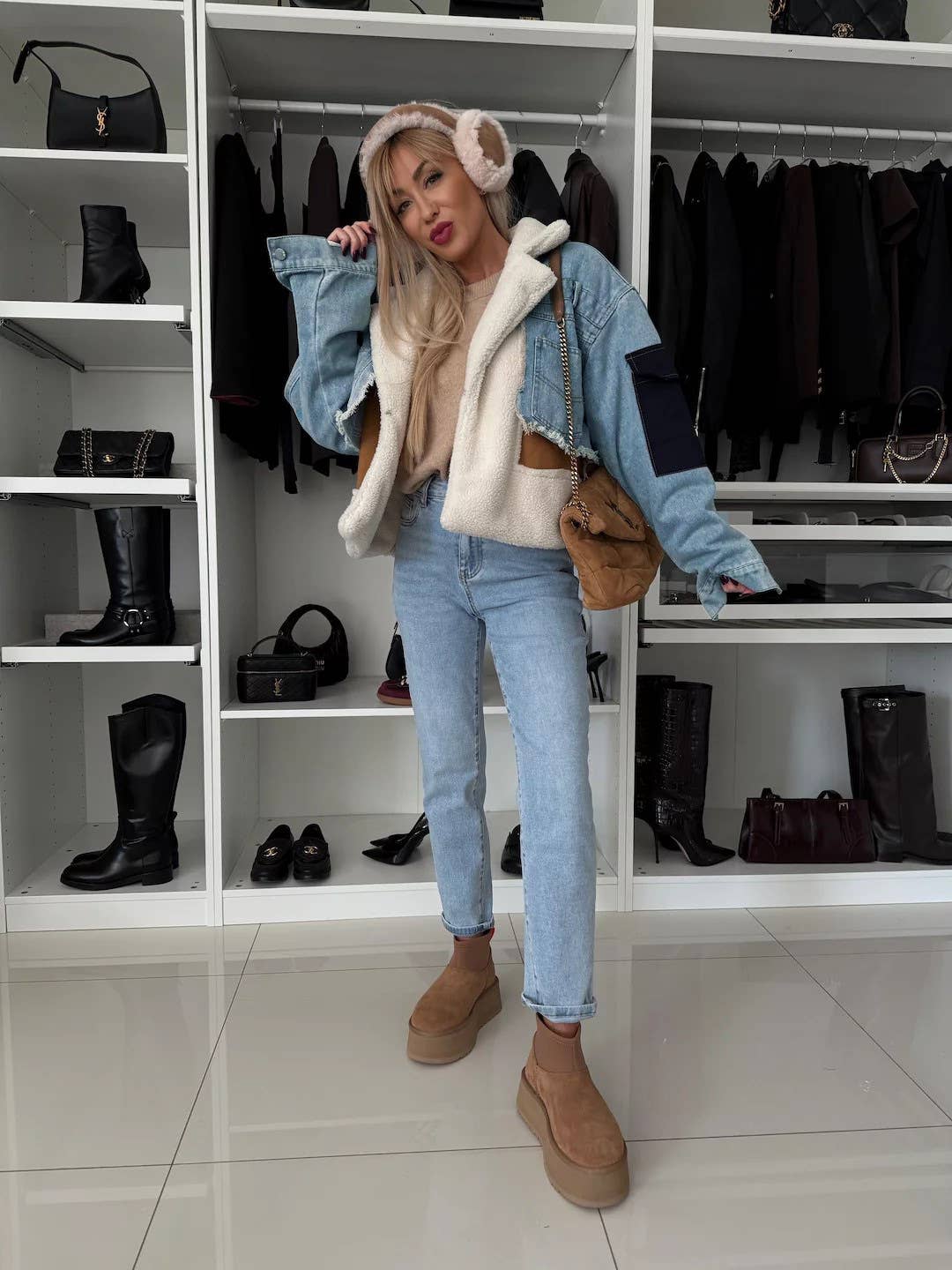 LAMB WOOL JACKET PATCHWORK DENIM SHORT JACKET