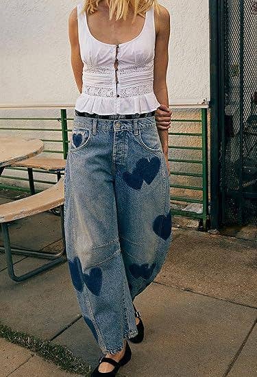 Low-waisted non-elastic washed embroidered jeans