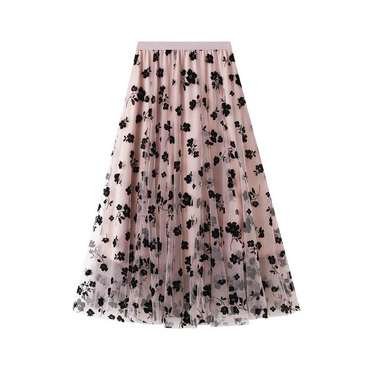 Flocked Tulle Pleated Slim Fit Midi Skirt