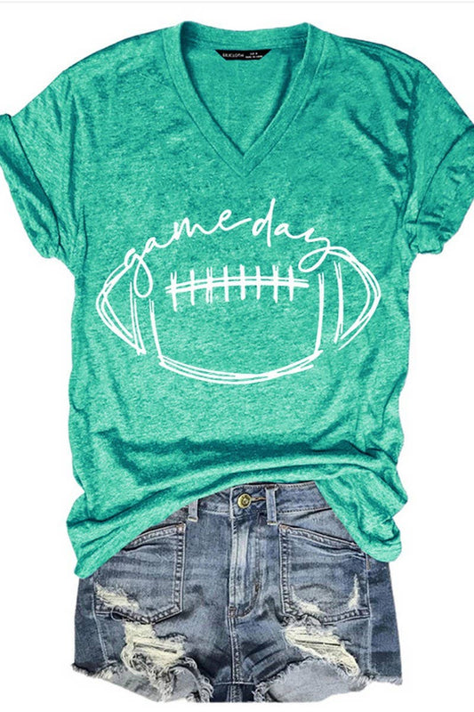 Cwtts1050_V Neck Baseball Print Short Sleeved T Shirt